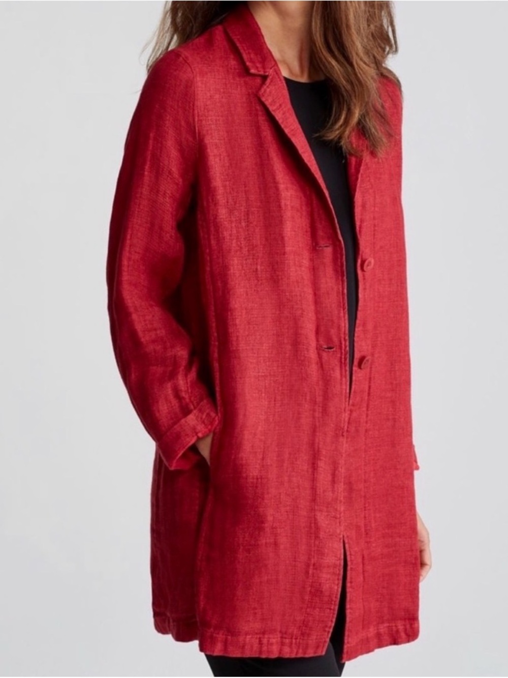 Eileen Fisher 100% Linen Raspberry Red Long Jacket | Chic Lightweight Layer - Picture 4 of 17